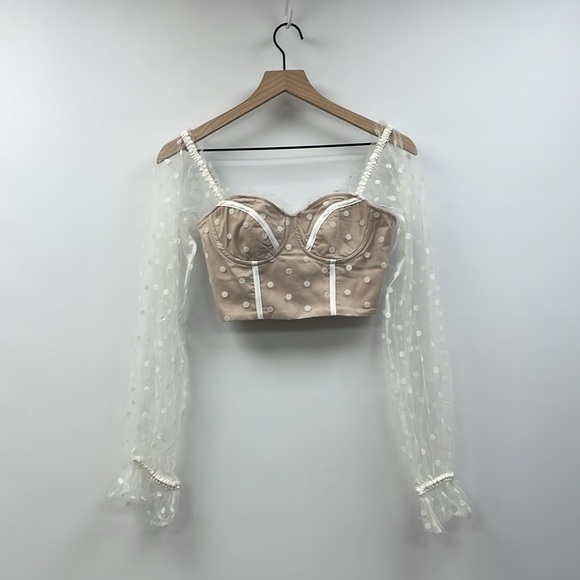 Hello Molly Sunset Polka Dot Mesh Sweetheart Corset Crop Top Preppy Beige 4 - Picture 9 of 12